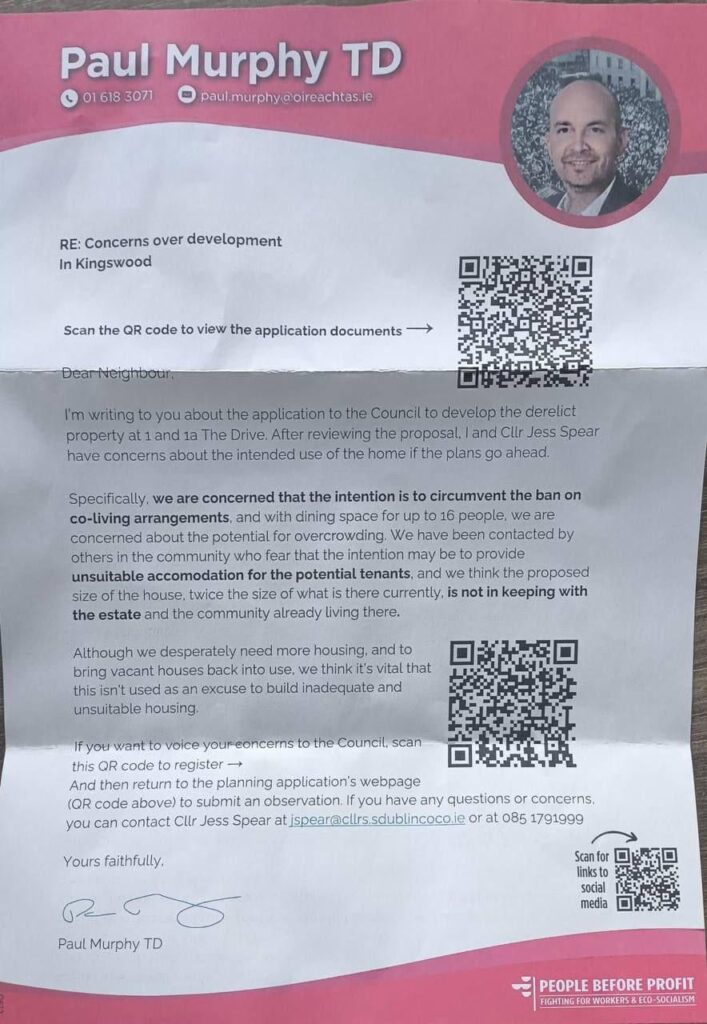 Paul Murphy TD, der sich gegen die Wohngebäude in seiner Nachbarschaft widersetzt.