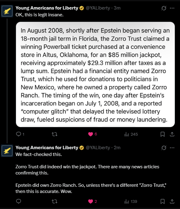 Im Jahr 2008 einen Tag nach Epsteins Verhaftung am 1. Juli 2008 behauptete Zorro Trust, "im Besitz" von Ihm im Besitz von Powerball -Ticket, und erhielt nach Steuern 29,3 Millionen US -Dollar. Aufgrund eines Computerstörs gab es eine verzögerte Auslosung im Fernsehen