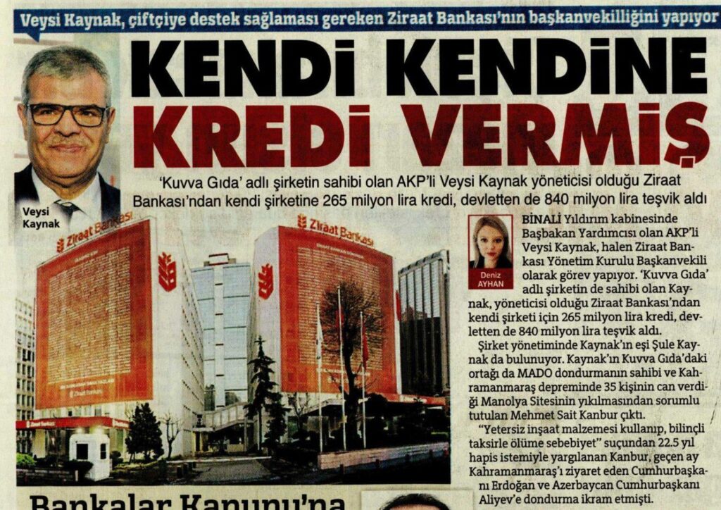 Während die Öffentlichkeit beim Atmen gedrückt und besteuert wird; Gehalt, Brot, Wasser, während sie auf die AKP -Leute starren, sind nicht gesättigt! Veysi Quellmanager der AKP, Ziraat Bank, an seine eigene Firma, 265 Millionen Pfund Darlehen, 840 Millionen Pfund vom Staat erhielten Anreize.
