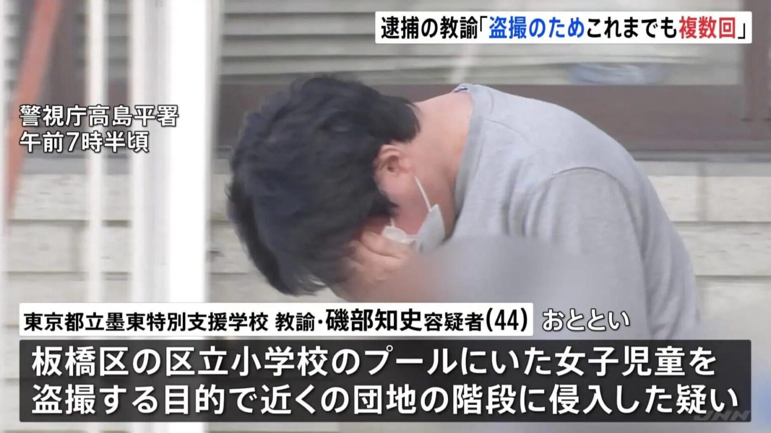 Tomofumi Isobe, 44, Lehrer an der Tokyo Metropolitan Sumida Special Needs School, der verdächtigt wurde, in den Wohnungskomplex einzubrechen, um Voyeur -Schüsse zu machen; Verdächtiger hatte mehrere Fotos von Mädchen in Badeanzügen, die auf seiner Digitalkamera gespeichert waren. Tomofumi Isobe, 44, Lehrer an der Tokyo Metropolitan Sumida Special Needs School, der verdächtigt wurde, in den Wohnungskomplex einzubrechen, um Voyeur -Schüsse zu machen; Verdächtiger hatte mehrere Fotos von Mädchen in Badeanzügen, die auf seiner Digitalkamera gespeichert waren.
