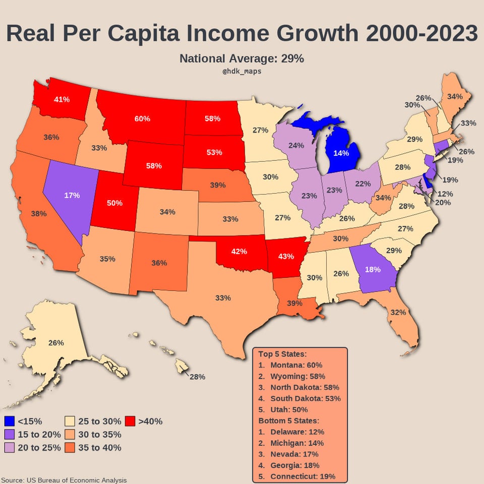 [OC] Reales Pro -Kopf -Einkommenswachstum in den USA von 2000 bis 2023