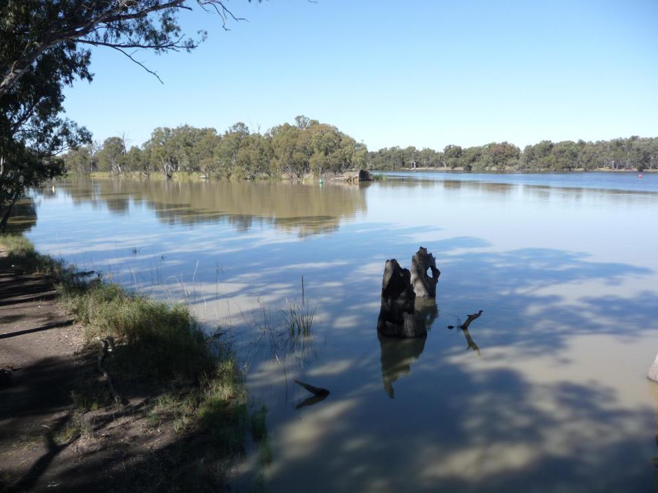 Der Darling River (links) und der Murray River (rechts) kommen zusammen in Wentworth, New South Wales, Australien.
