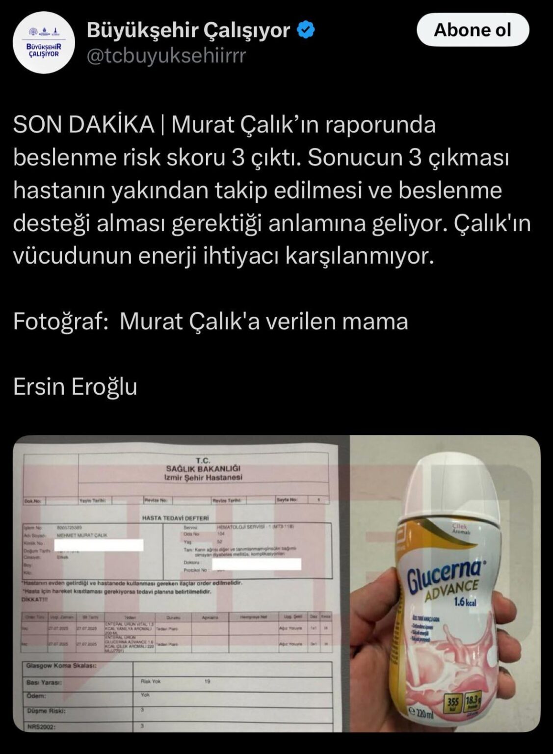 Der Ernährungsrisikobericht von Murat Çalık betrug 3 Outputs. Dies bedeutet, dass der Patient eng angeschlossen sein sollte und Ernährungsunterstützung erhalten sollte.