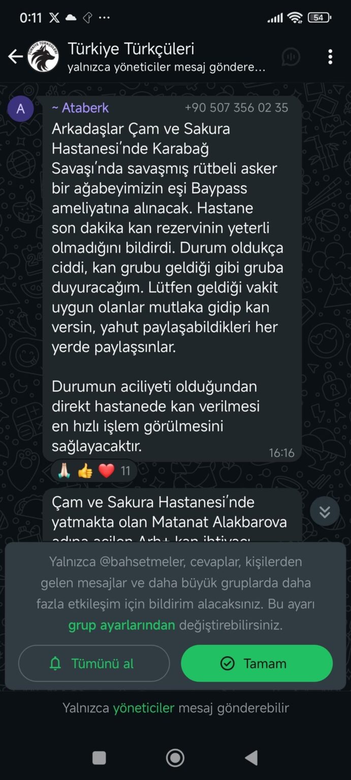 Freunde, die Frau einer Person, die früher ein Soldat war, erhielt eine Behandlung. Ich brauche dringend ein RH + -Blut in das Kiefern- und Sakura -Krankenhaus. Kontakt +90 507 356 02 35.