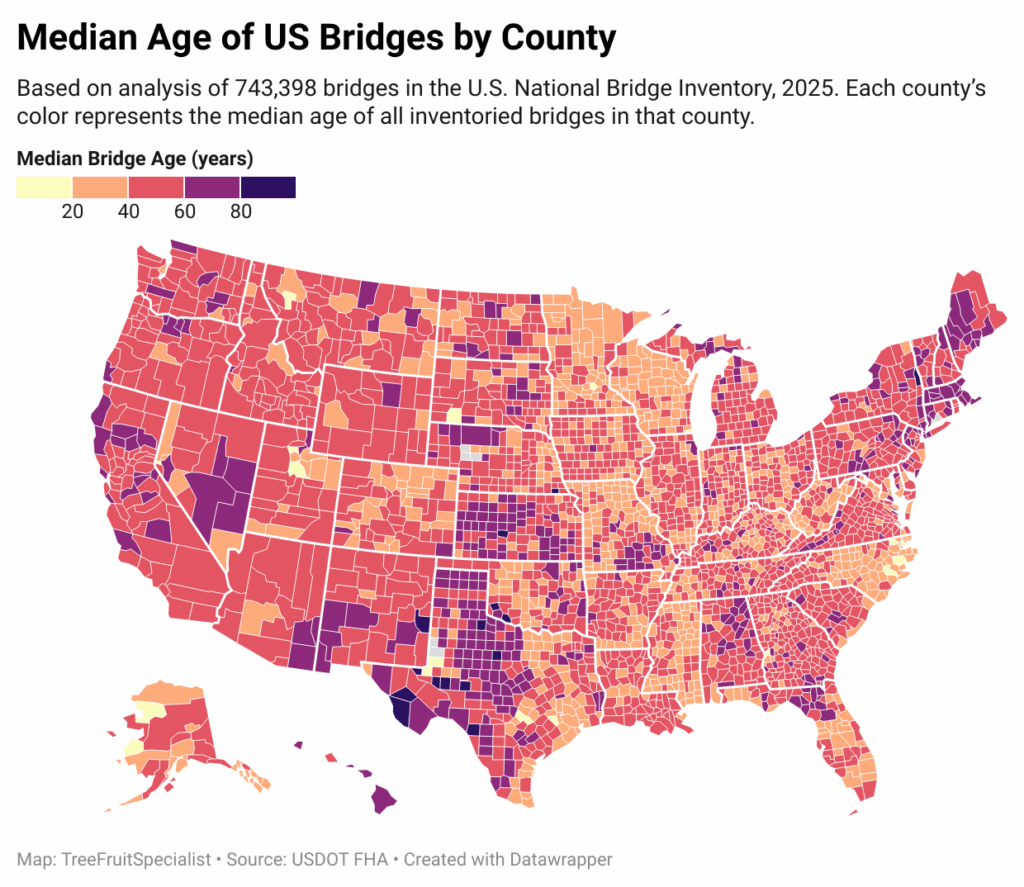 Wie alt sind die Brücken Ihres Landkreises? Durchschnittliches Alter von US -Brücken zugeordnet [OC]