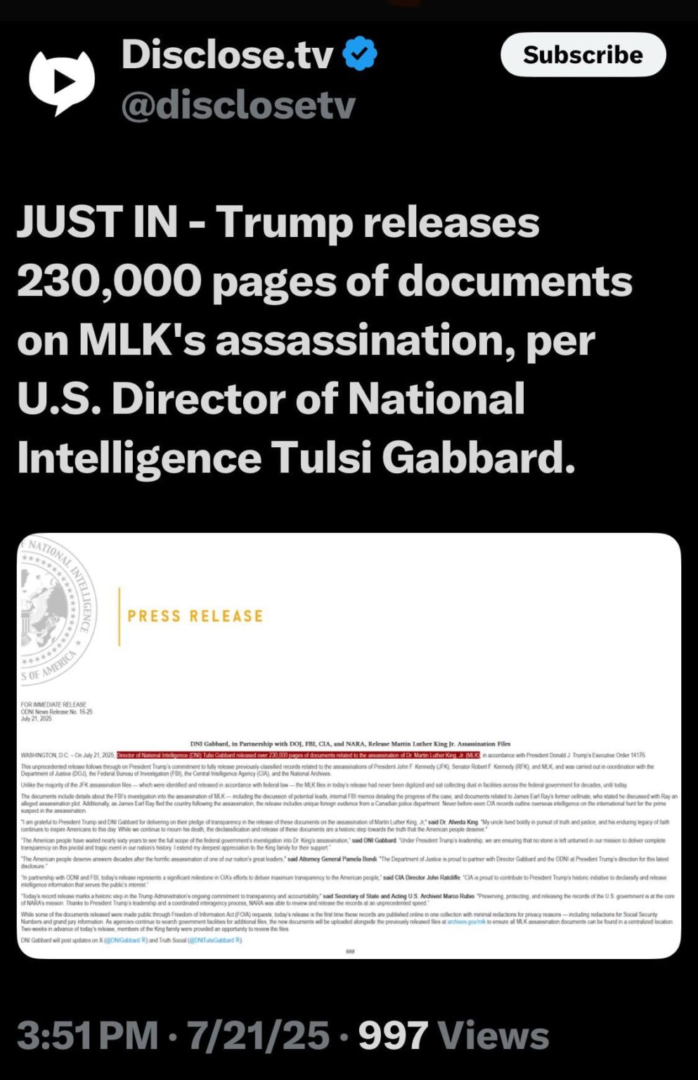 Trump veröffentlicht 230.000 Seiten MLK -Attentatendateien