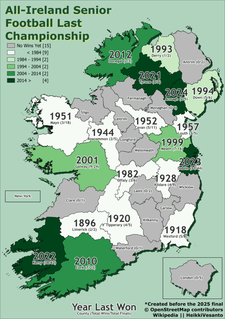 Jahr der letzten All -Ireland -Seniorenmeisterschaft von County - Karte [OC]