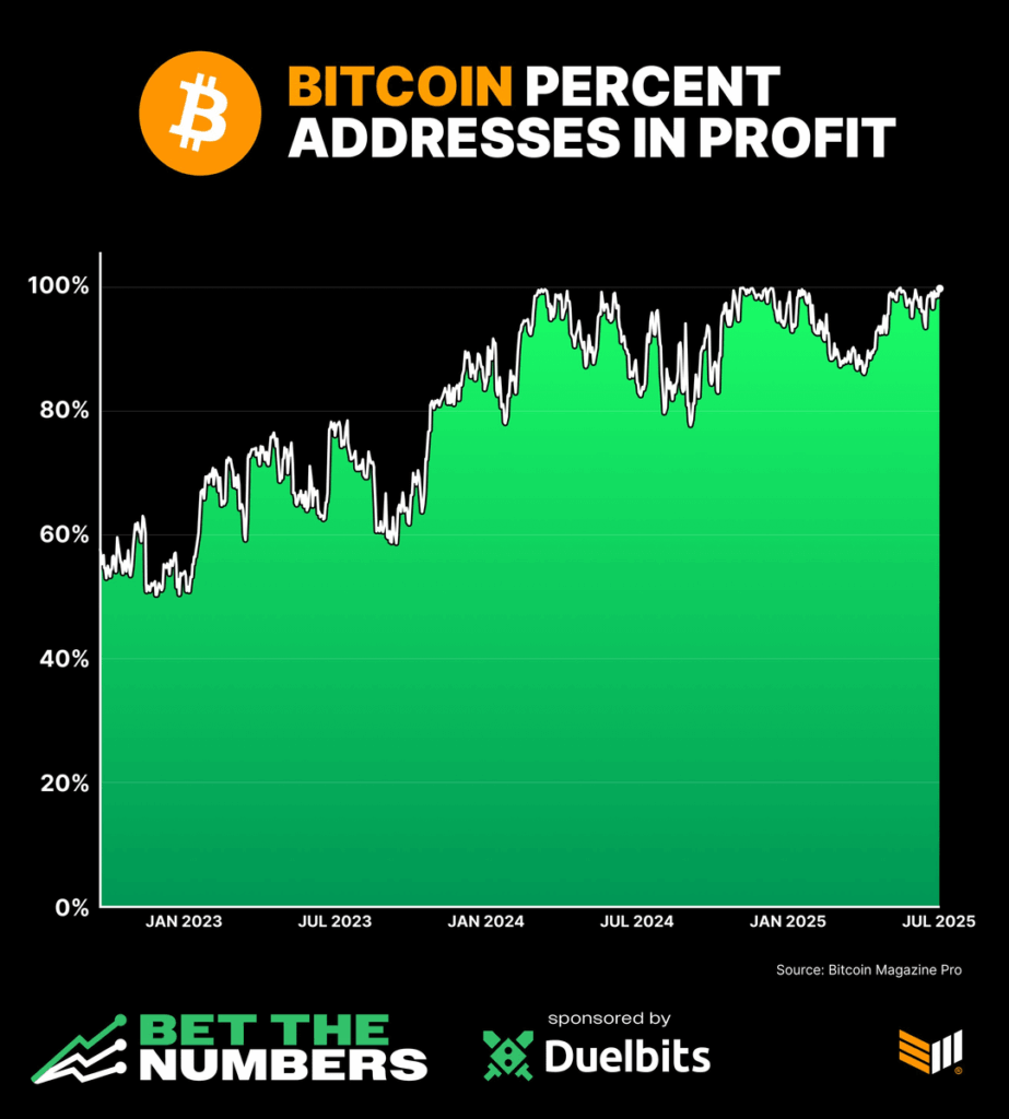 99,85% der Bitcoin -Adressen (BTC) sind jetzt in Gewinn in Gewinn