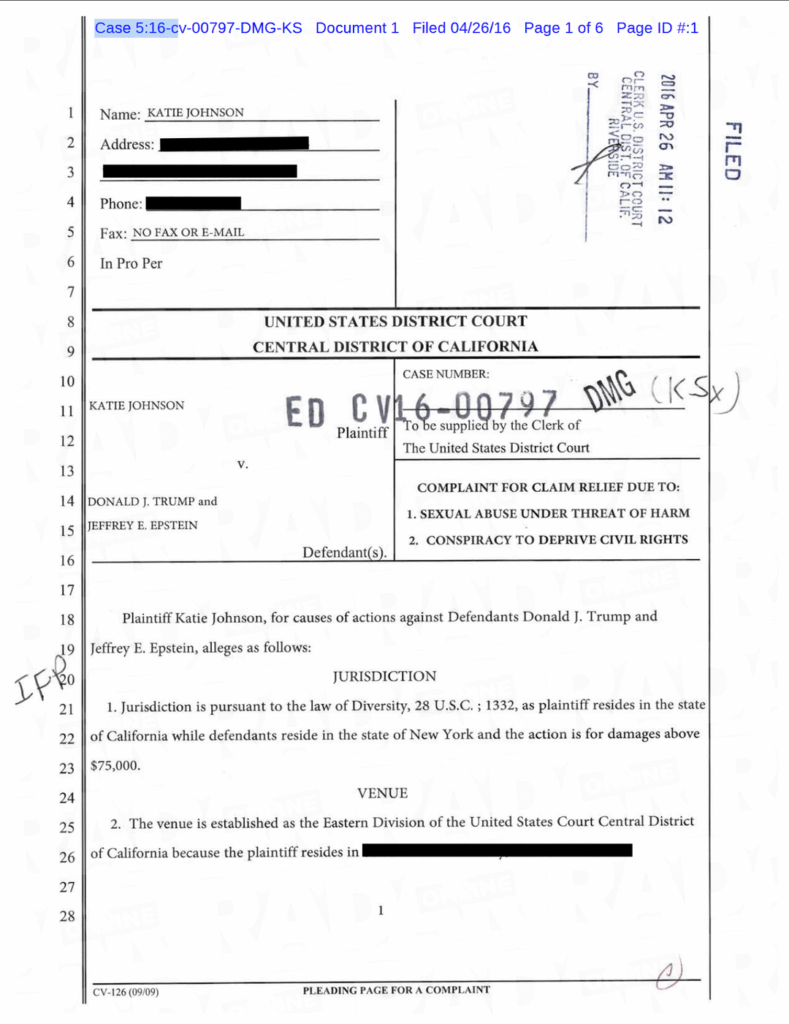 Im Jahr 2016 beschuldigte Katie Johnson Trump und Epstein, sie im Alter von 13 Jahren vergewaltigt zu haben. Der Fall wurde fast sofort abgewiesen und erhielt keine Medienberichterstattung.