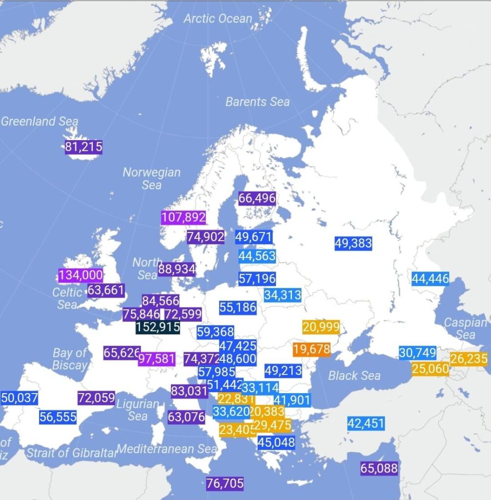 BIP in Europa im Zusammenhang mit der Parität der Kaufkraft (2025)