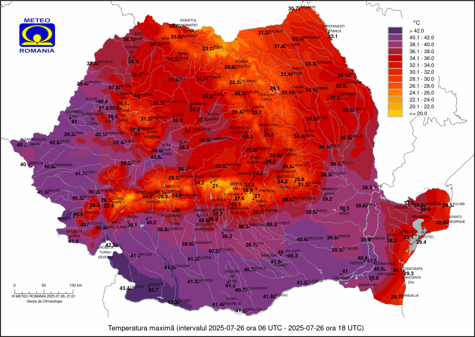 Maximale Temperaturen heute 43,4 ° C bei Calafat