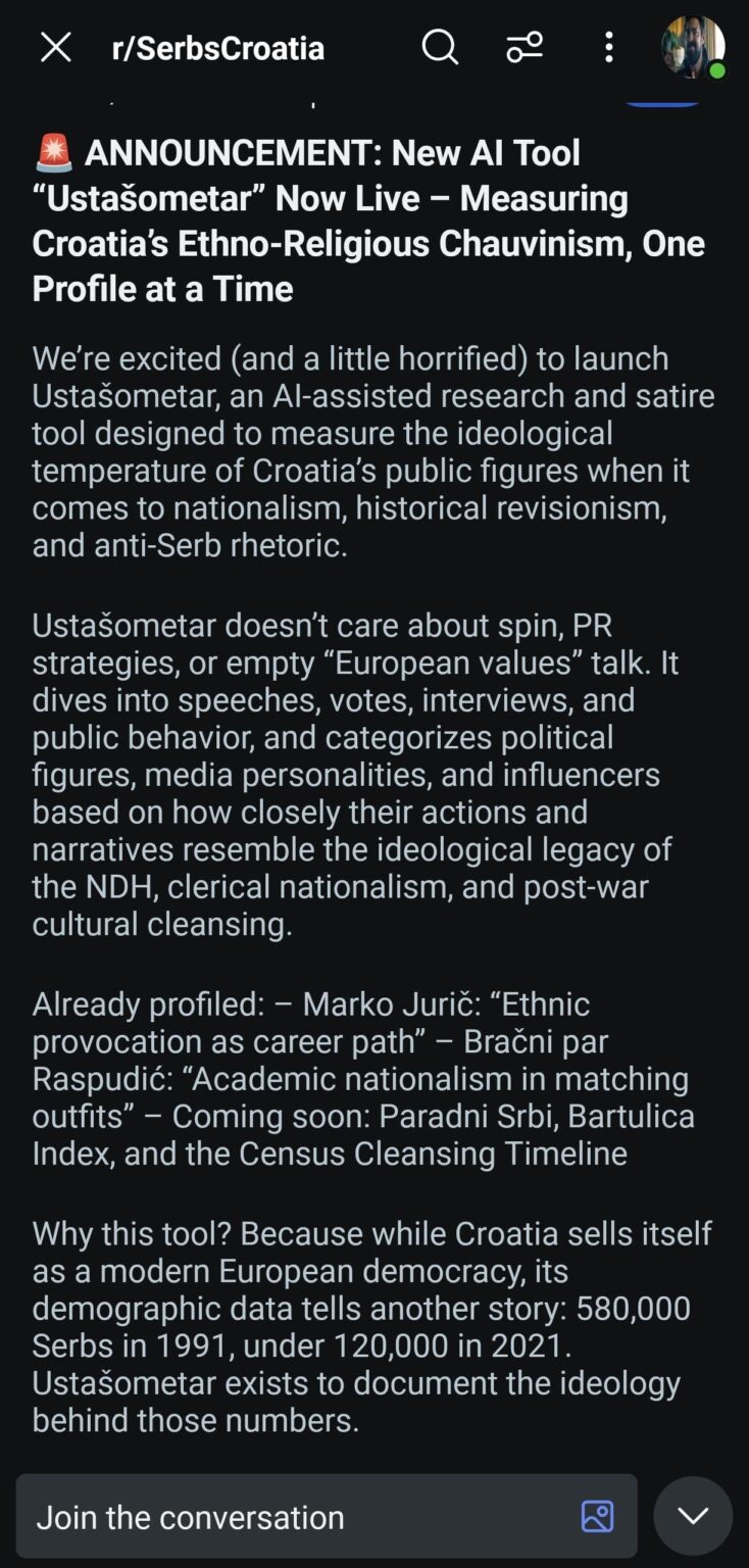 LOL! Also machte der Typ ein Sub, in dem sie es tun, ich denke "Pogrom" und das Beißen von Serben in der HR.