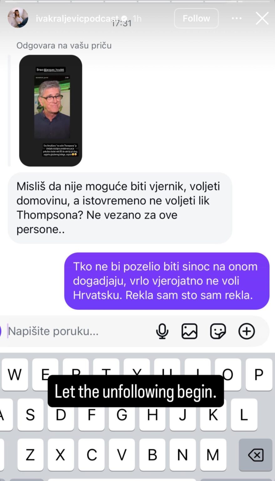 Iva Kraljević, Ultra Right -Wing Leader Podcasta (die von katholischen Unternehmen gesponsert wird) behauptet, wer auch immer nicht an einem Konzert der Steuerhinterziehung teilnehmen wollte, Sanaders Puppe, Kriegsprofite und Faschist, der das Versprechen der Geldspende an KBC -Split nicht erfüllt hat. Iva Kraljević, Ultra Right -Wing Leader Podcasta (die von katholischen Unternehmen gesponsert wird) behauptet, wer auch immer nicht an einem Konzert der Steuerhinterziehung teilnehmen wollte, Sanaders Puppe, Kriegsprofite und Faschist, der das Versprechen der Geldspende an KBC -Split nicht erfüllt hat.