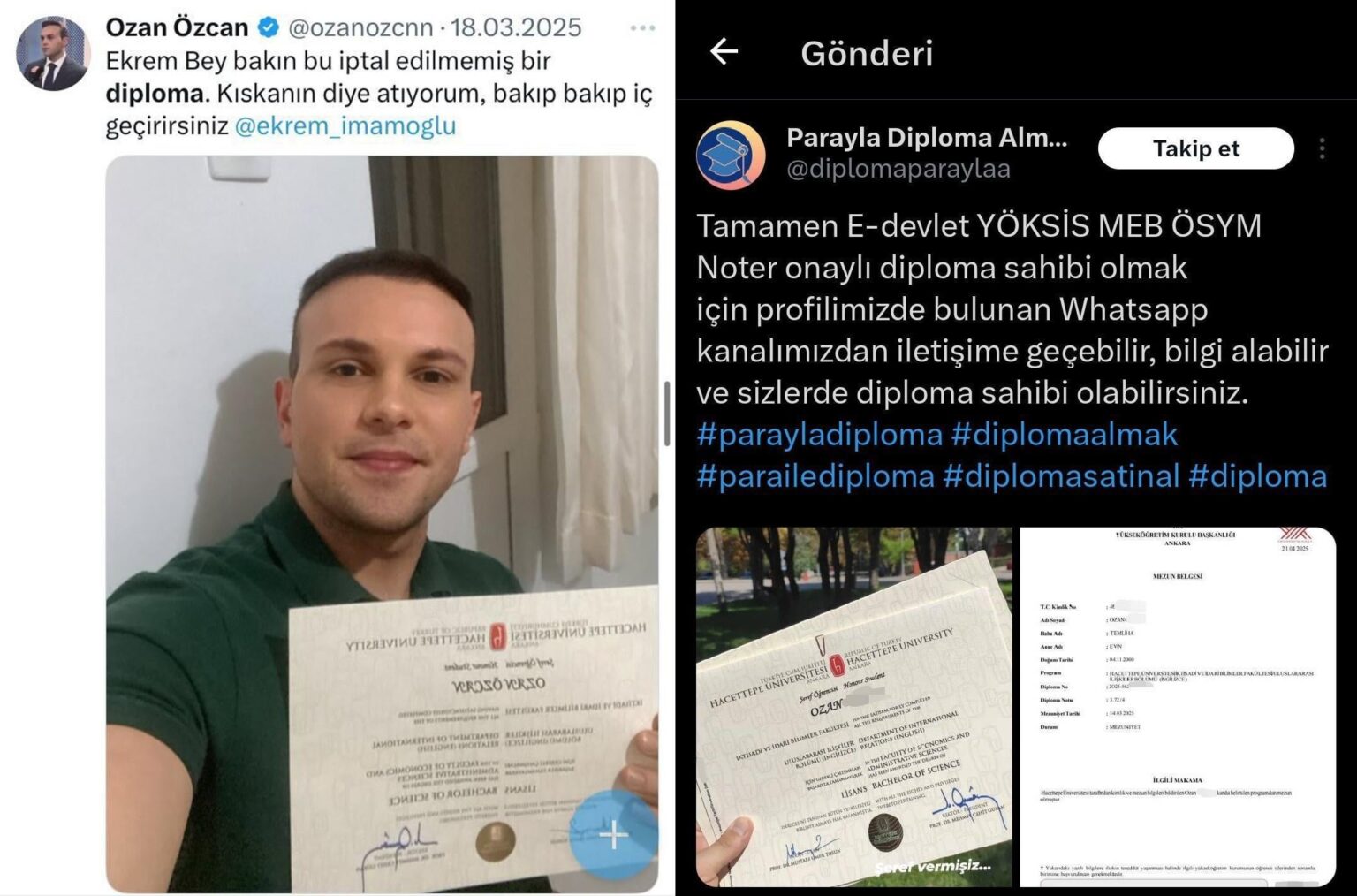 Ozan Özcan, der die erste Beschwerde zur Absorgung des Diploms von Ekrem İmamoğlu einführte, schien falsch zu sein.