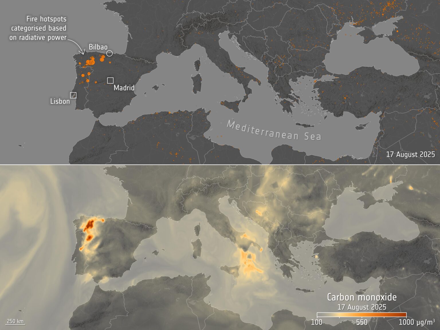 Iberische Waldbrände aus dem Weltraum aus gesehen