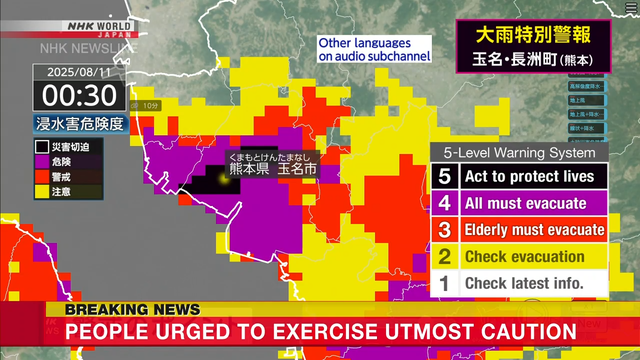 Die höchste Warnung mit starker Regenwarnung für die Präfektur Japans Kumamoto