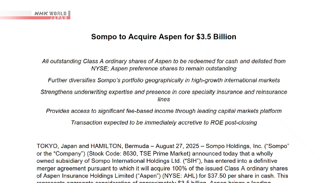 Japans SOMPO zum Kauf von New Yorker Versicherer Aspen für 3,5 USD Bil.