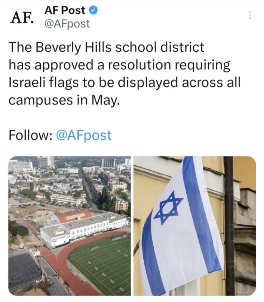 Das System des Beverly Hills Public Schools verabschiedete eine Resolution, um Israel -Flaggen an allen Standorten zu zeigen. Das System des Beverly Hills Public Schools verabschiedete eine Resolution, um Israel -Flaggen an allen Standorten zu zeigen.