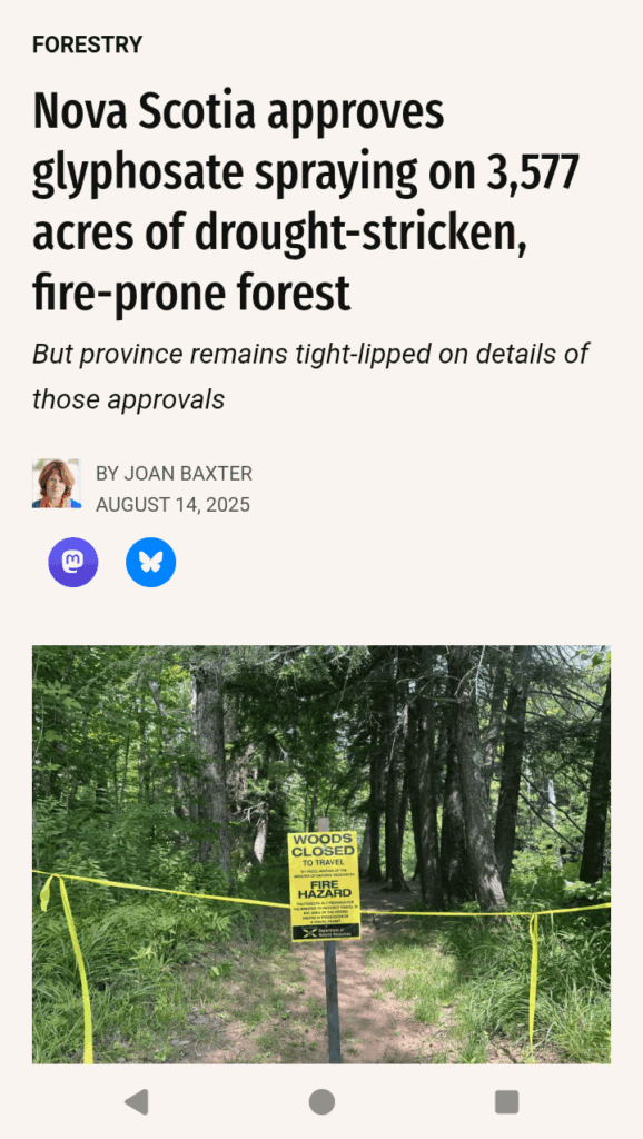 Nova Scotia sprüht 1000 Hektar Hektar Wald mit Glyphosat gleichzeitig der Wälder für Menschen geschlossen.