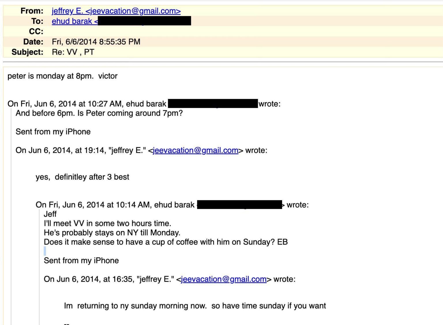 Ein anstrengender Tag im Juni 2014, als Jeffrey Epstein und Ehud Barak Treffen mit Viktor Vekselberg und Peter Thiel jonglieren. Sowohl Vekselberg als auch Thiel würden später in separate israelische Spyware -Unternehmen investieren. Ein anstrengender Tag im Juni 2014, als Jeffrey Epstein und Ehud Barak Treffen mit Viktor Vekselberg und Peter Thiel jonglieren. Sowohl Vekselberg als auch Thiel würden später in separate israelische Spyware -Unternehmen investieren.