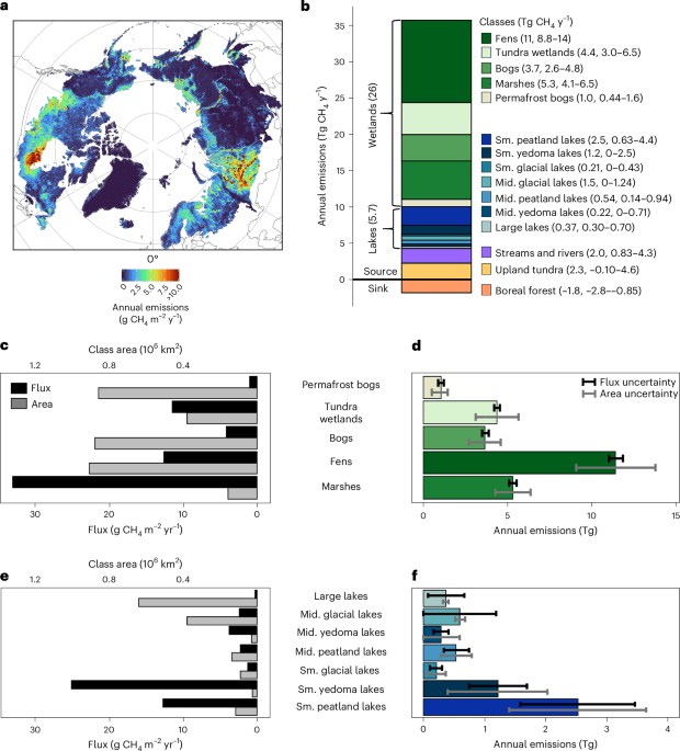 Eine neue Studie schätzt, dass die Boreal-Arctic-Feuchtgebiete und Seen heute 34 Tg Ch₄ pro Jahr ausgeben und um 2100 um ~ 31% unter mäßiger Erwärmung steigen, hauptsächlich aus Erwärmungssteigerungen.