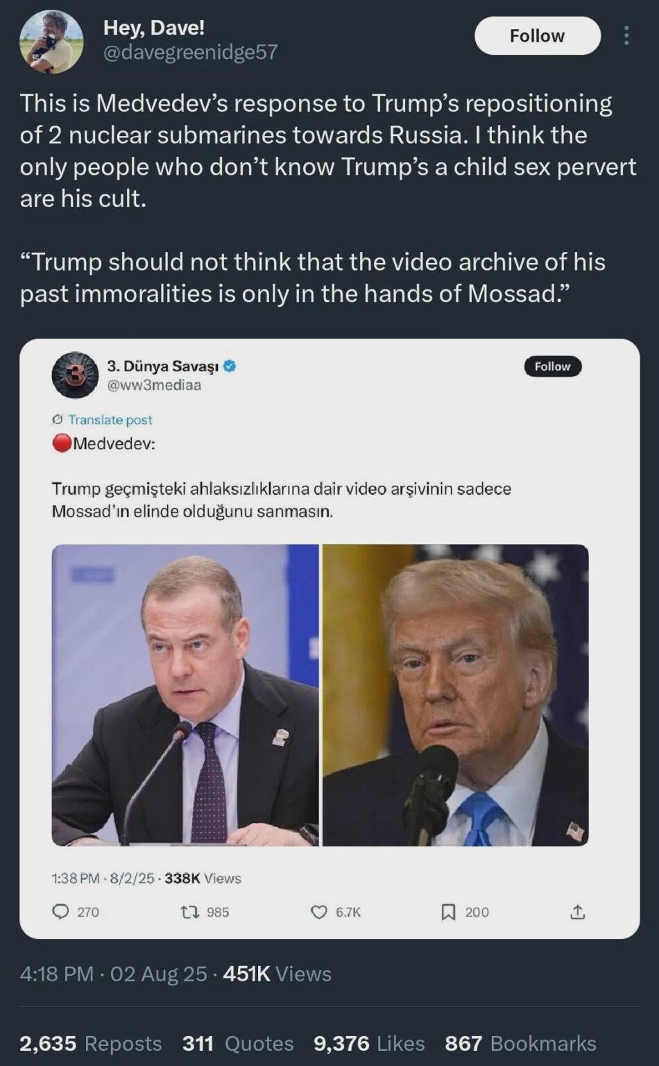 Russland/Medwedew behauptet, sie hätten das Epstein -Videoarchiv.