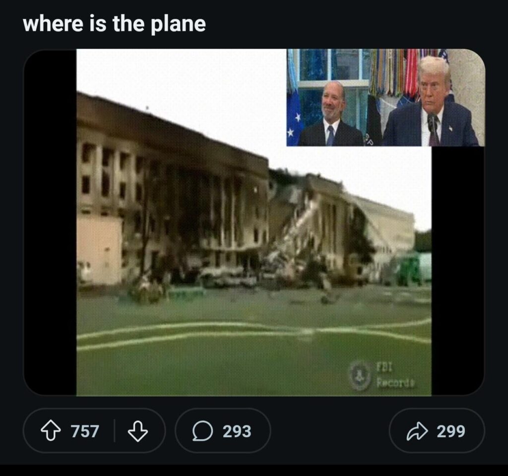 Gegenverschwörung: Ich denke, der oberste Beitrag ist AI/Psobeic Naval Intel, der versucht, das Wasser um das 9/11 -Pentagon zu schlammigen. Wenn ich falsch liege, können Sie mir einige Beweise zeigen, dass es ein legitimes Video ist Gegenverschwörung: Ich denke, der oberste Beitrag ist AI/Psobeic Naval Intel, der versucht, das Wasser um das 9/11 -Pentagon zu schlammigen. Wenn ich falsch liege, können Sie mir einige Beweise zeigen, dass es ein legitimes Video ist