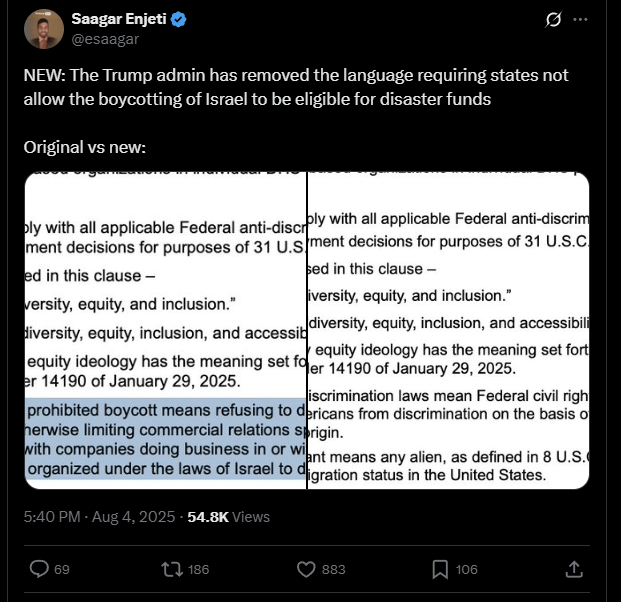 Wow, das entfernt: Neu: Der Trump -Administrator hat die Sprache entfernt, in der Staaten nicht zulassen, dass das Boykott Israels für Katastrophenfonds in Frage kommt