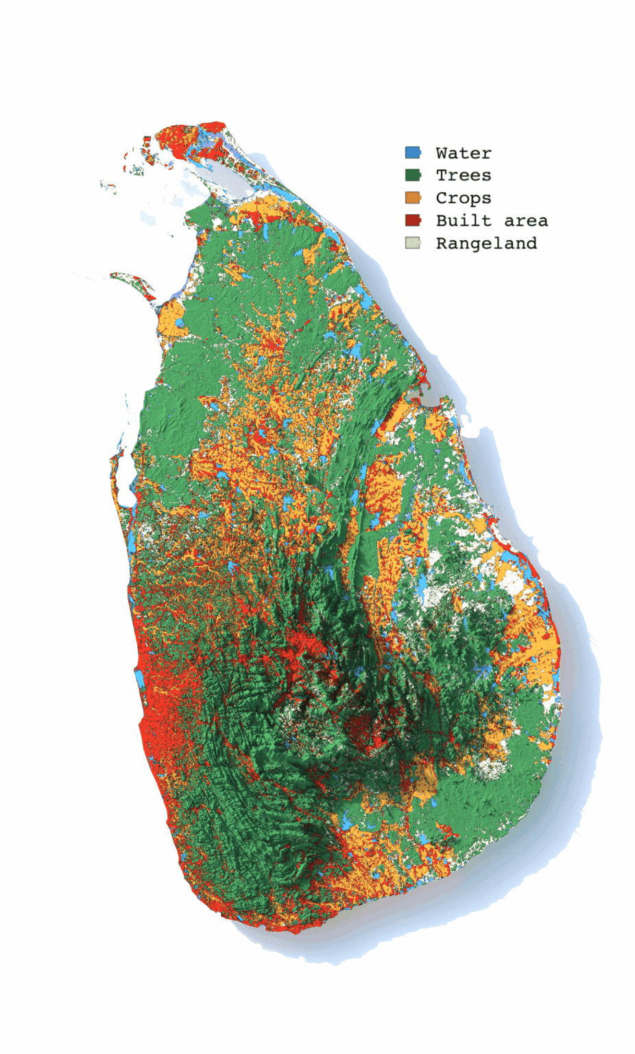[OC] Landbedeckung von Sri Lanka in 3D - Wasser, Bäume, Ernten, gebaute Gebiete und Rangeland