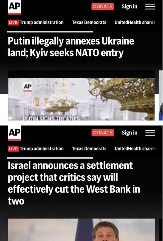 Wenn Russland es tut, heißt es "illegale Annexion". Wenn Israel es tut, wird es als "Siedlungsprojekt" bezeichnet. Medien gekauft, Politiker gekauft und die Wahrheit verkauft