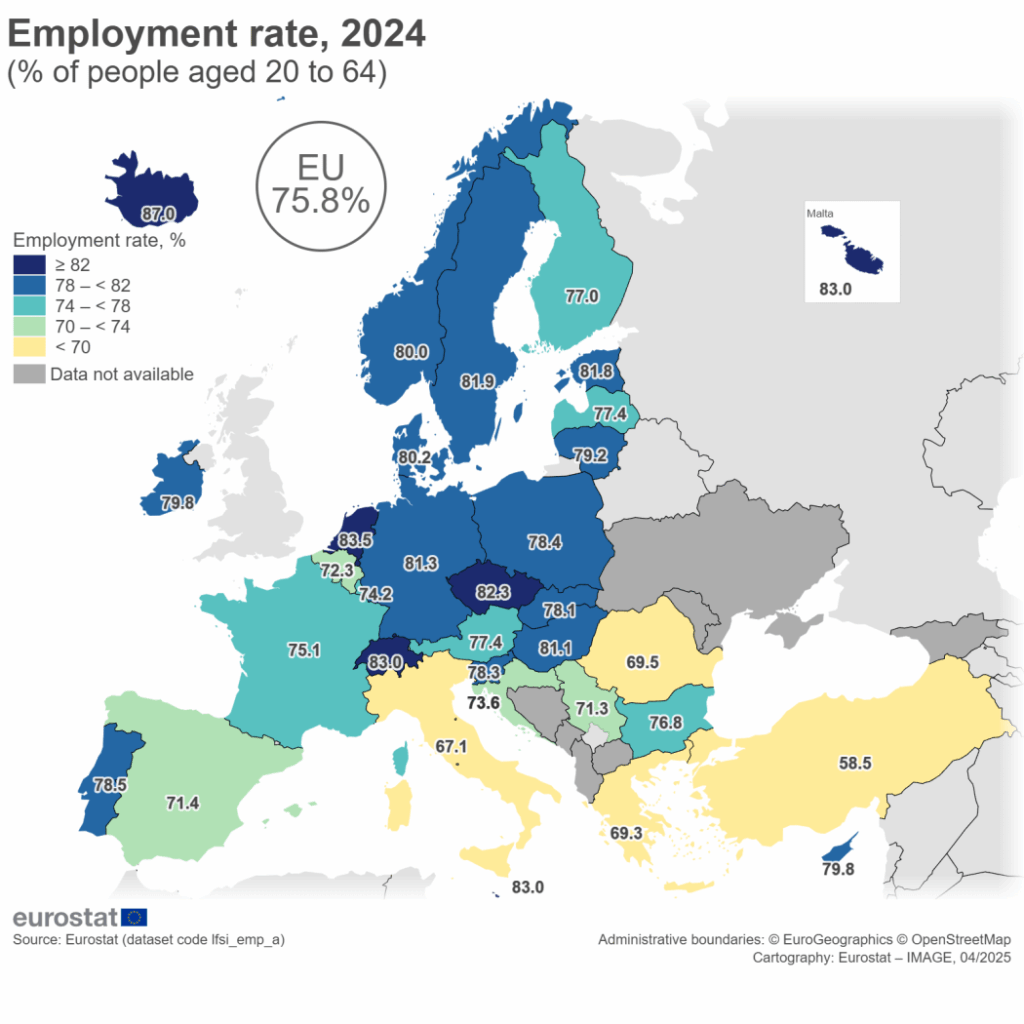 Beschäftigungsquote in der EU im Jahr 2024 (eine Gegenstatistik für die Arbeitslosenquote)