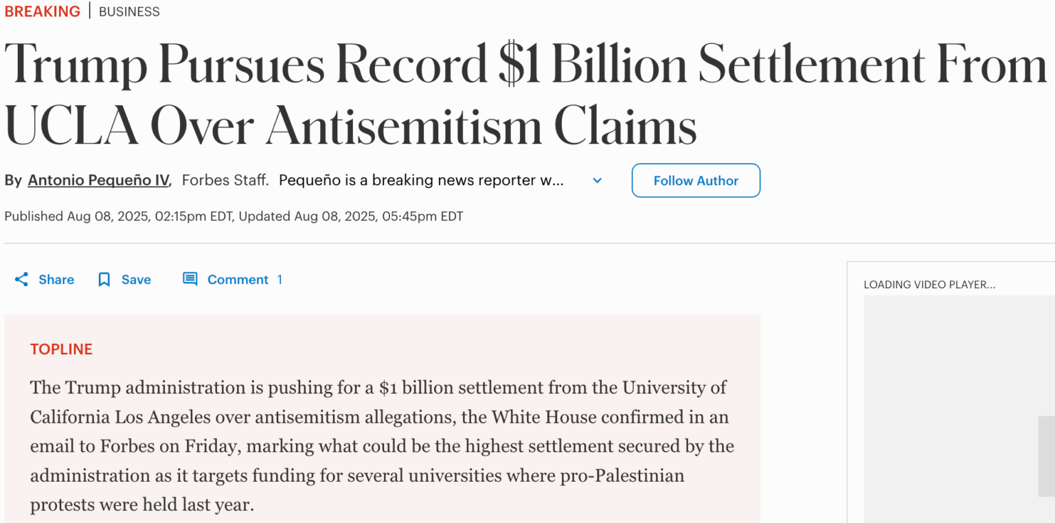 Trump Admin sucht 1 Mrd. USD in Redefreiheit von der UCLA, weil er die israelische Linie nicht geschleppt hat