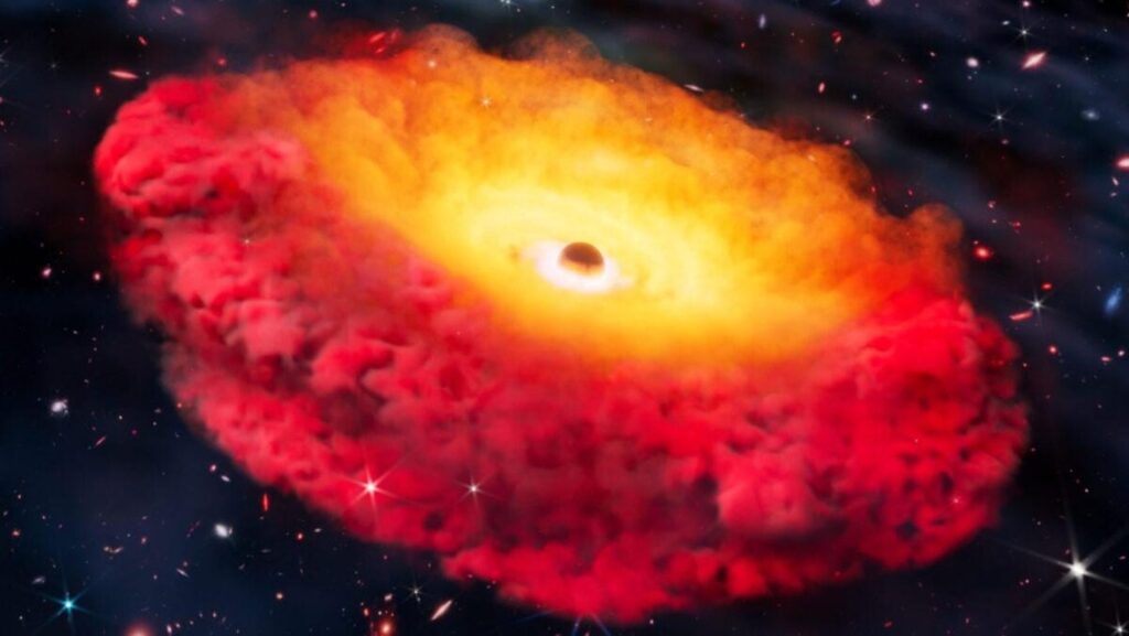 Das älteste bekannte Schwarze Loch bildete vor mehr als 13,3 Milliarden Jahren. Der Körper und seine Umgebung bilden eine der kleinen roten Punkte des Webb -Teleskops.