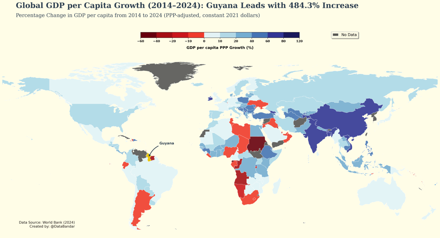 [OC] Das BIP von Guyana pro Kopf stieg von 2014 bis 2024 um 484% und führte die Welt mit einem massiven Vorsprung an