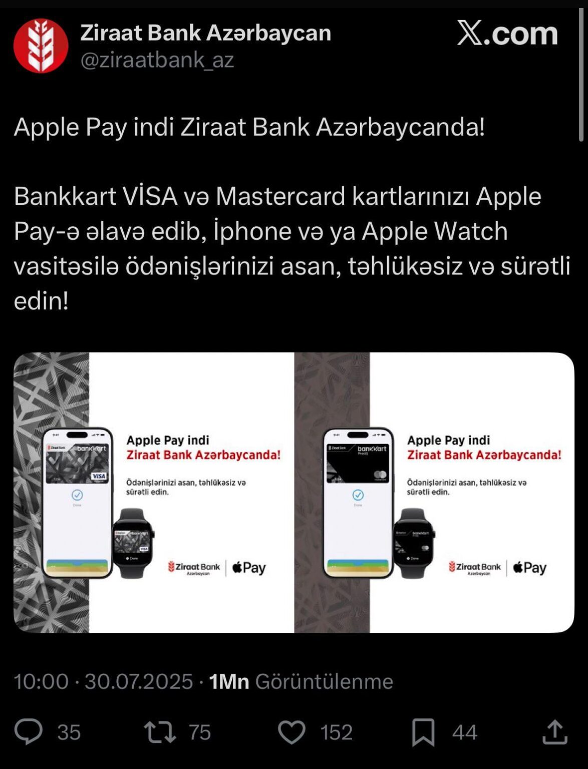 Die Ziraat Bank gab bekannt, dass sie den Apple Share -Service in Aserbaidschan anbieten wird. Es gibt noch keine Apfelanteilsvereinbarung einer Bank in Türkiye, dh es ist nicht offiziell in Torkiye. Sie können die Quelle lesen, die ich für Details angeben werde.