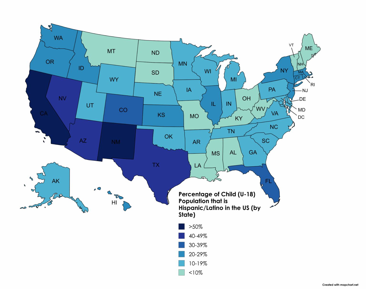 Prozentsatz der Kinderbevölkerung (unter 18 Jahren), der von Staat hispanisch/lateinamerikanisch ist [OC]