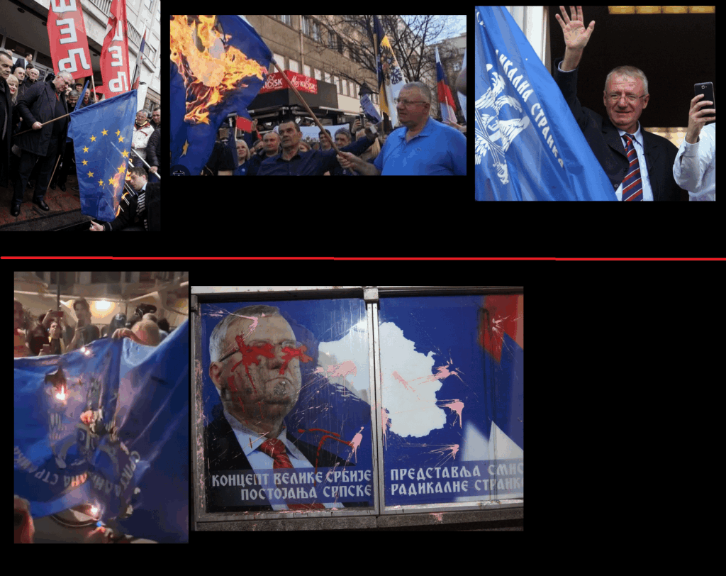 Vucic Nationalist Puppet (Vojislav Seselj), der mehrmals die Flagge der EU verbrannte, hat heute Abend seine eigene Flagge von Demonstranten verbrannt und sein Büro zerstört.