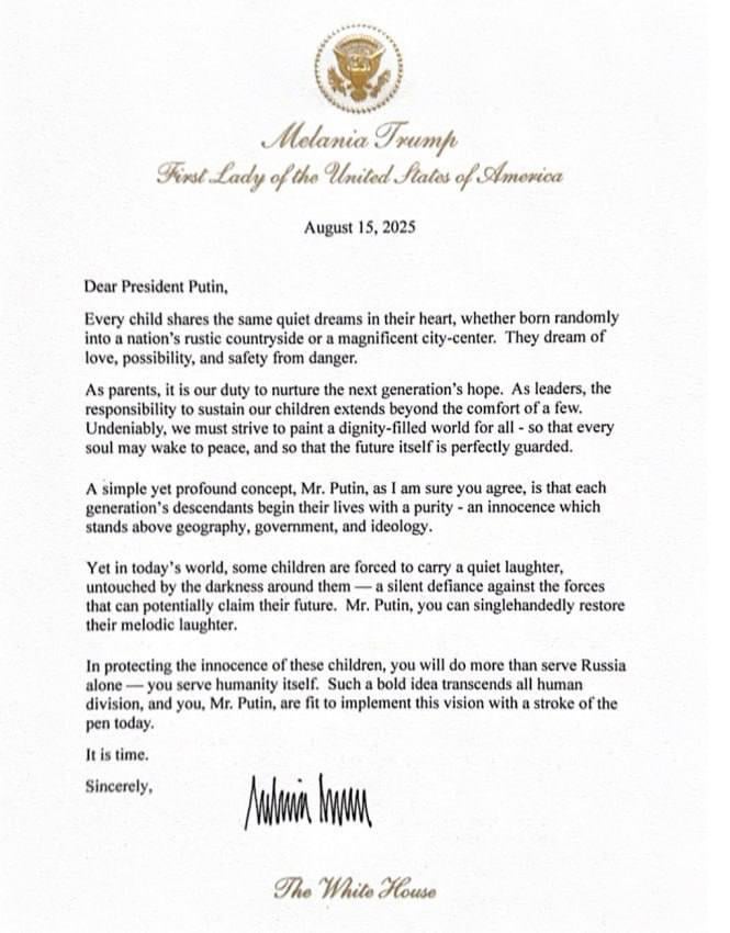 Melania Trumps Brief für Wladimir Putin über ukrainische Kinder.