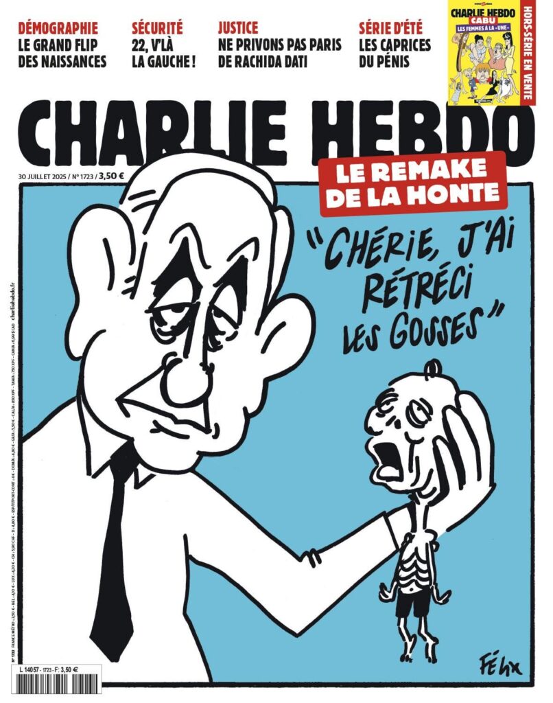 Charlie Hebdo Titelseite ab dem 30. Juli, in dem Netanyahu dargestellt wird: "Schatz, ich habe die Kinder geschrumpft."