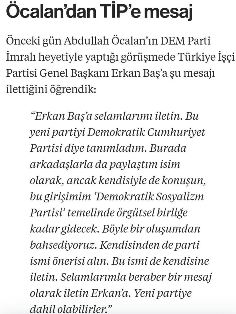 Nachricht von Öcalan an TiP: "Begrüße meine Grüße an Erkan Baş"