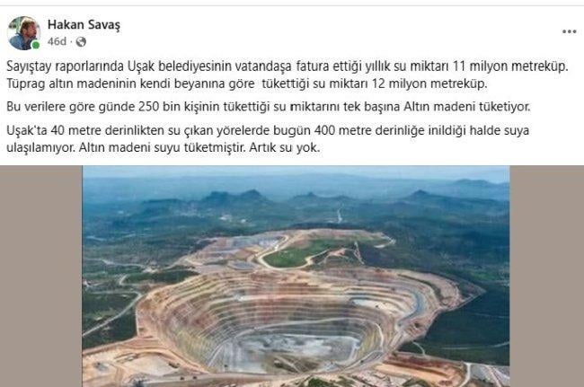 Eine goldene Firma ist kanadischer Herkunft. Er verwendet 2 -mal mehr Wasser als die gesamten Uşak -Leute für die Goldmine. Infolgedessen tritt Dürre im Butler auf. Einsparungen sind nicht Ihr 5 -minütiges Bad mit Ihrem Baden. Dies geschieht durch Blockieren und Überwachung von Unternehmen. Hier sind die Journalistennachrichten