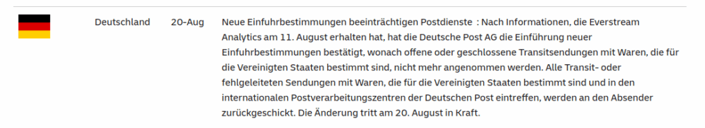Deutsche Post (Deutschlands Postdienst) setzte den Transit von Paketen in den USA bis zum weiteren Kündigungsmittel von 2025-08-20 aus-was bedeutet, dass Parzellen aus Deutschland und anderen Ländern, die Frankfurt als Hub verwenden