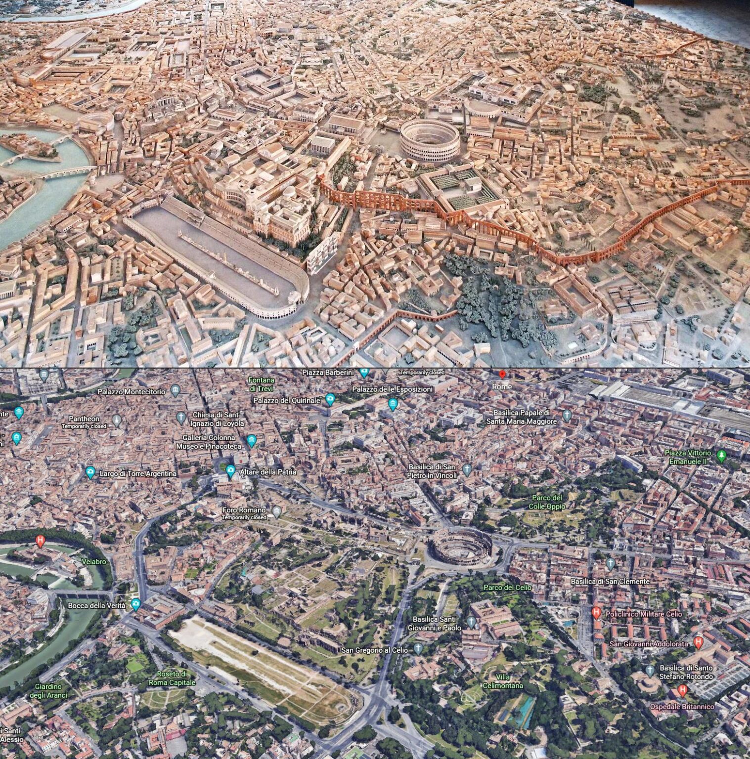 Das massive Modell des alten Roms im Zeitalter von Konstantin von Italo Gismondi (1887-1974) und einer Satellitenansicht der modernen Stadt.