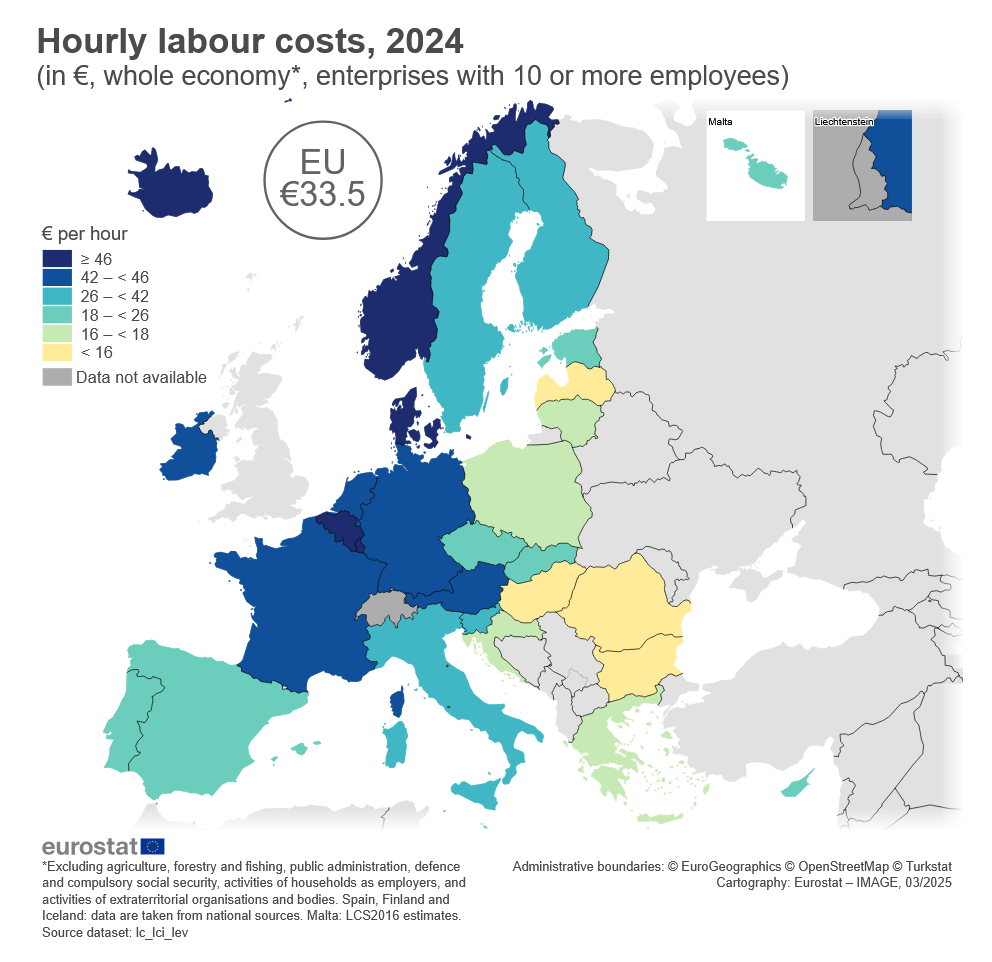 Stunden Arbeitskosten in der EU, 2024