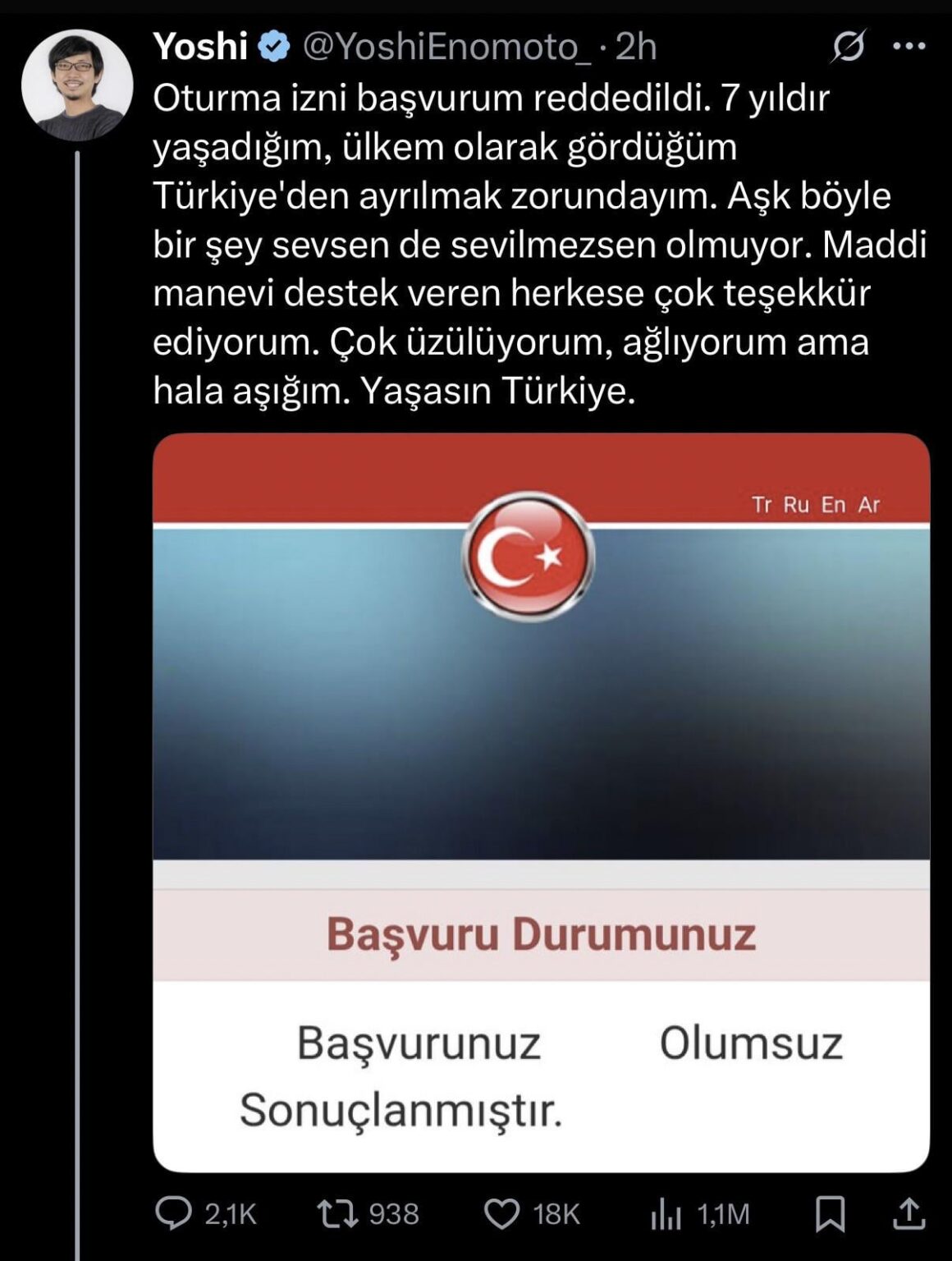 Türkiye ist bekannt dafür, dass die Bevölkerung und Grenzsicherheit die Anwendung einer Aufenthaltserlaubnis des japanischen Phänomens des japanischen Komikers und des sozialen Mediens abgelehnt wurde.