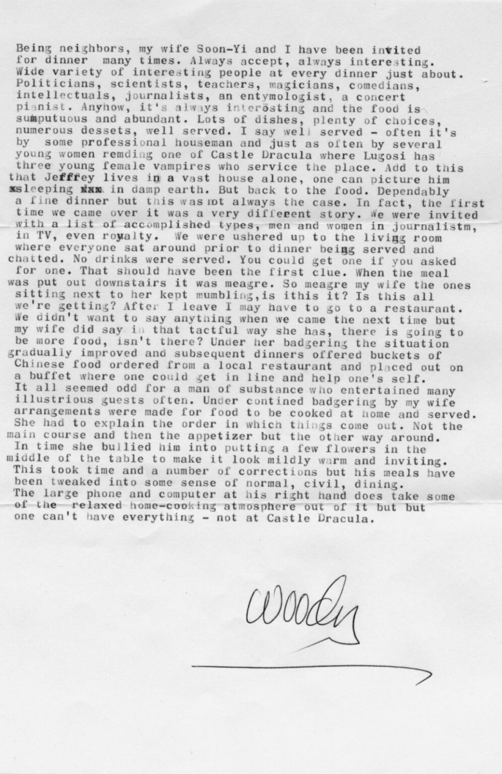 Woody Allens Brief an Epstein verwendet „Abendessen“ als Metapher. Er spricht eindeutig nicht über Essen. Woody Allens Brief an Epstein verwendet „Abendessen“ als Metapher. Er spricht eindeutig nicht über Essen.