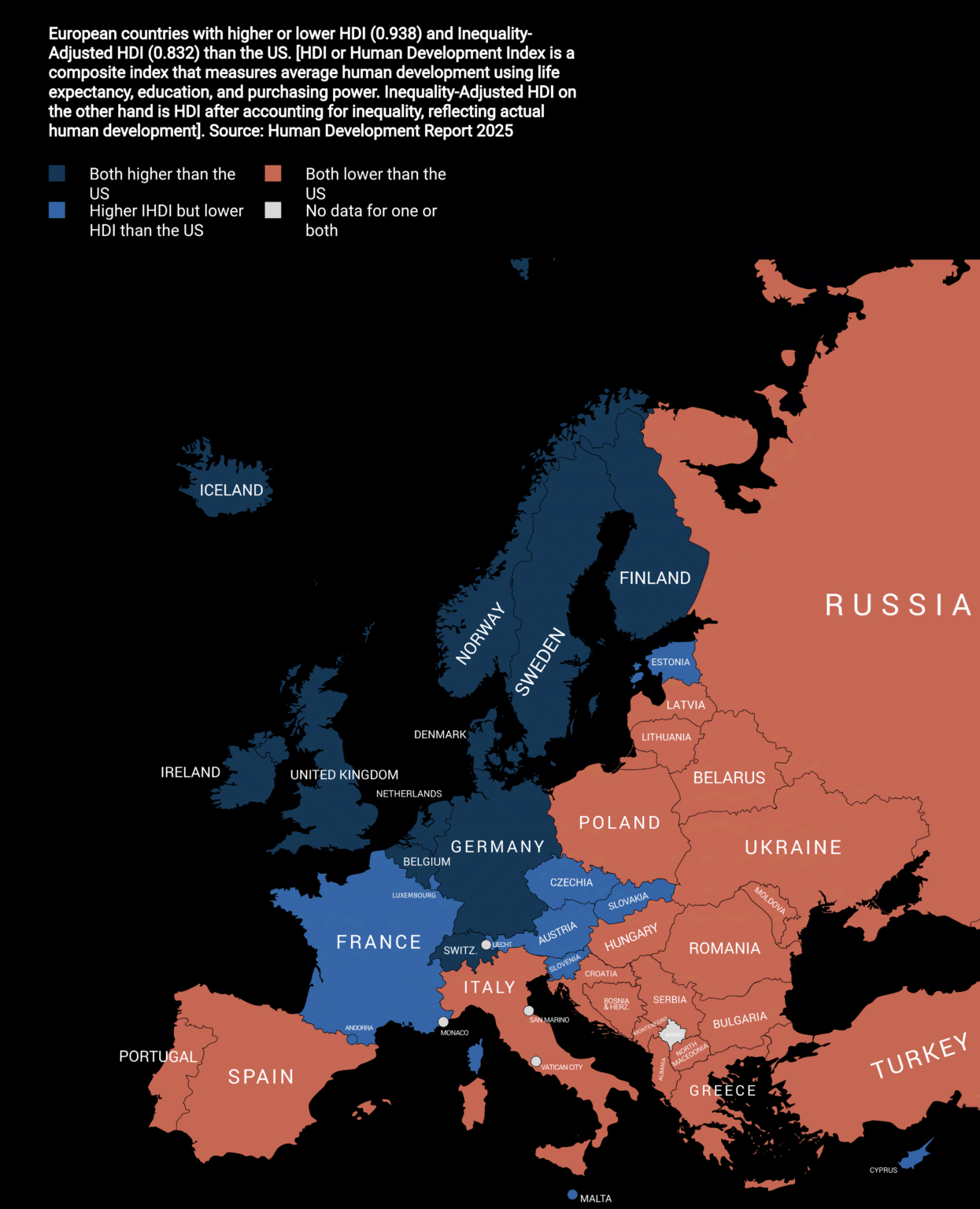 [OC] Wie europäische Länder mit den USA in HDI gegen Ungleichheit im Vergleich zu HDI (2025) verglichen werden (2025)