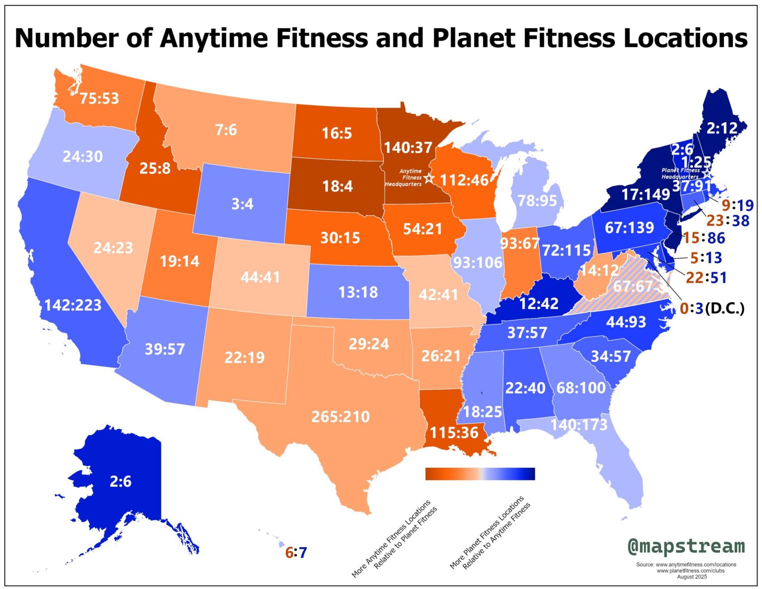 [OC] Vergleich der Anzahl der Standorte für Fitness- und Planet -Fitness -Standorte