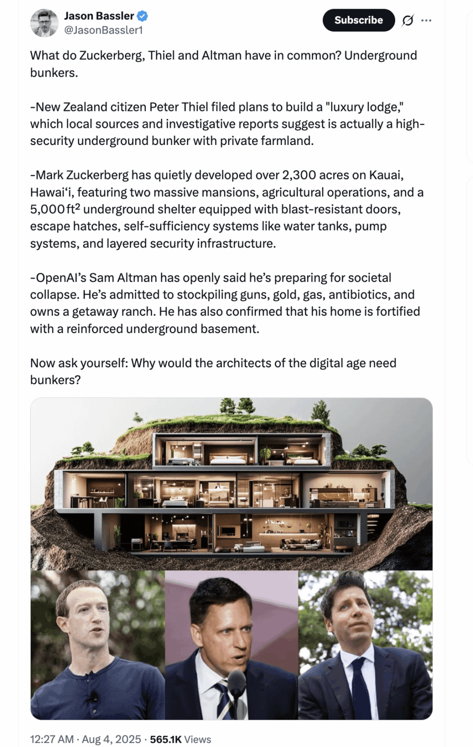 Sam Altman, Mark Zuckerberg und Peter Thiel bauen alle Bunker