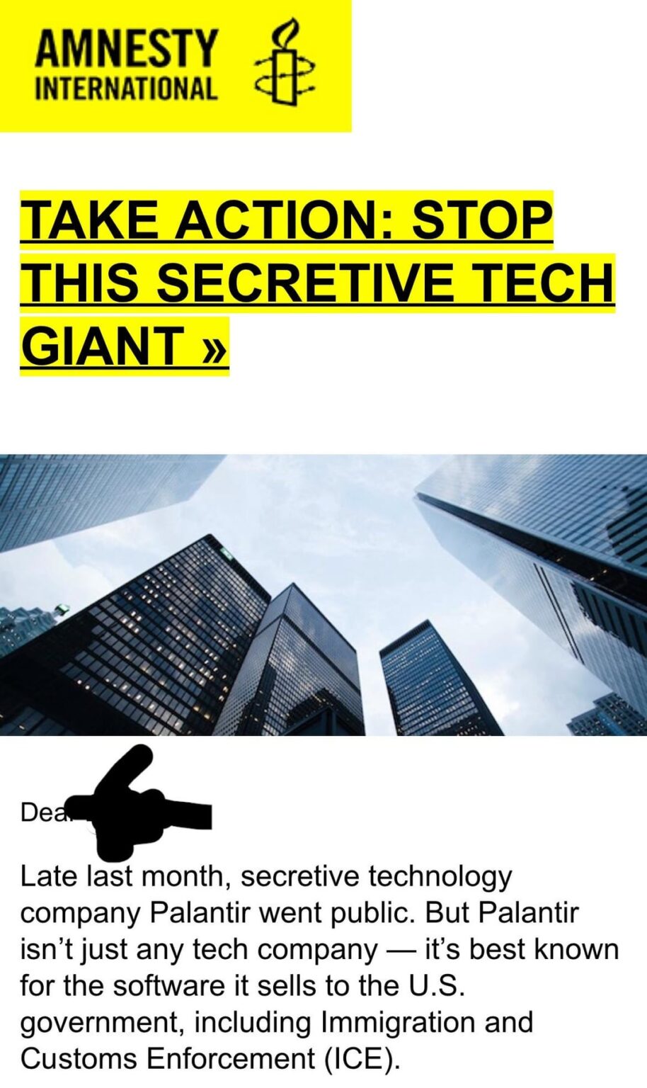 Amnesty International hat mich vor 5 Jahren vor Palantirs Eisverträgen gewarnt. Hier ist die E -Mail, die sie mir gesendet haben. Ein bisschen… prophetisch?